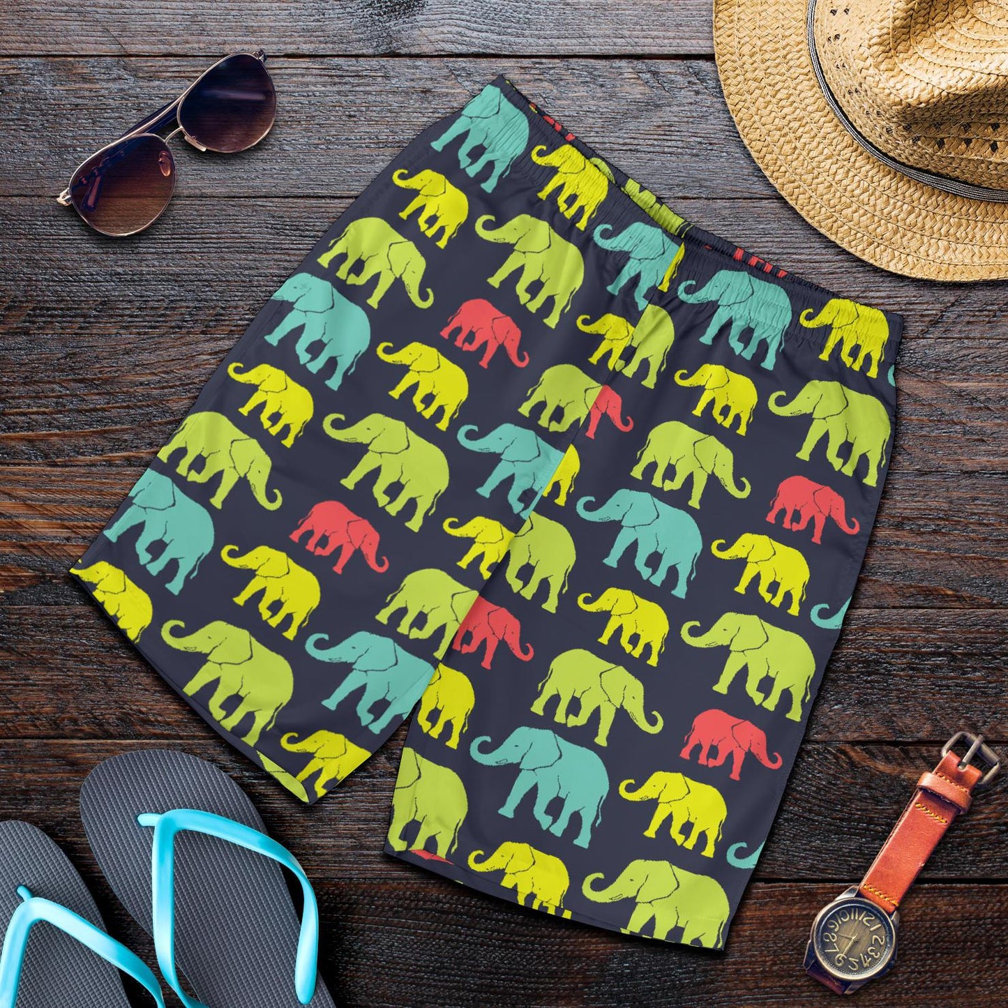 Elephant Neon Color Print Pattern Mens Shorts-JTAMIGO.COM