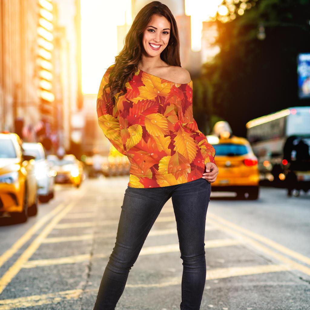 Elm Leave Autum Print Pattern Off Shoulder Sweatshirt