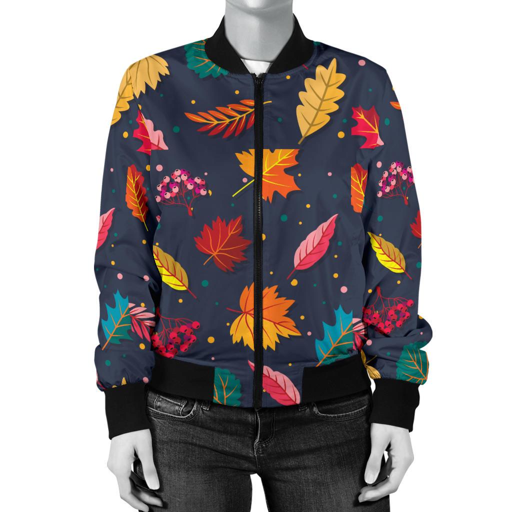 Elm Leave Colorful Print Pattern Women Casual Bomber Jacket