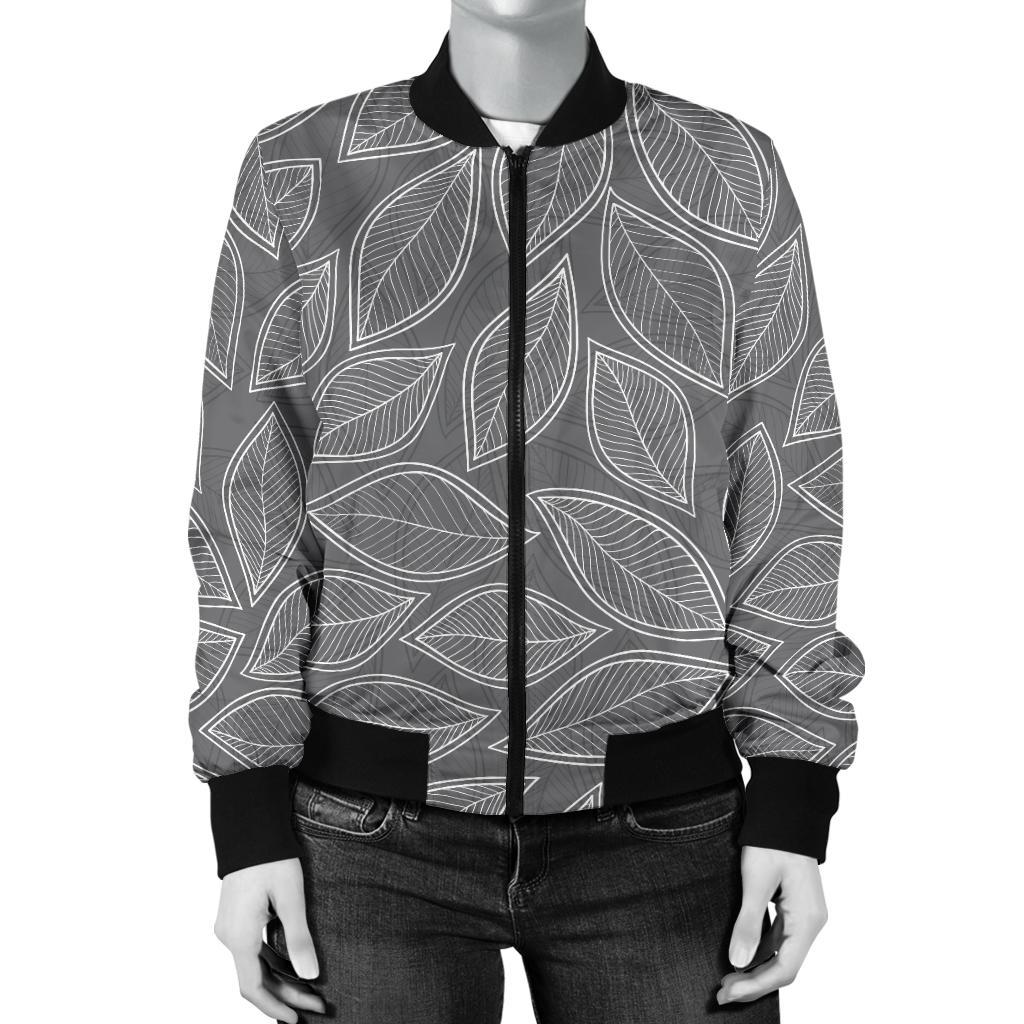 Elm Leave Grey Print Pattern Women Casual Bomber Jacket