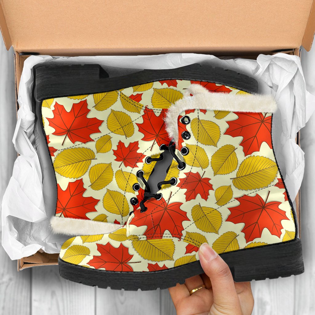 Elm Maple Leave Print Pattern Faux Fur Leather Boots-JTAMIGO.COM