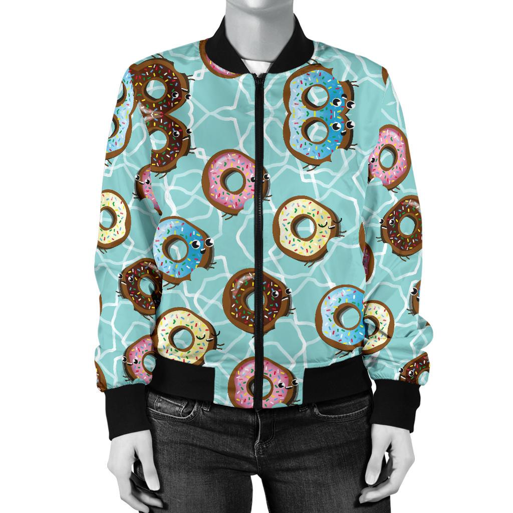 Emoji Donuts Print Pattern Women Casual Bomber Jacket