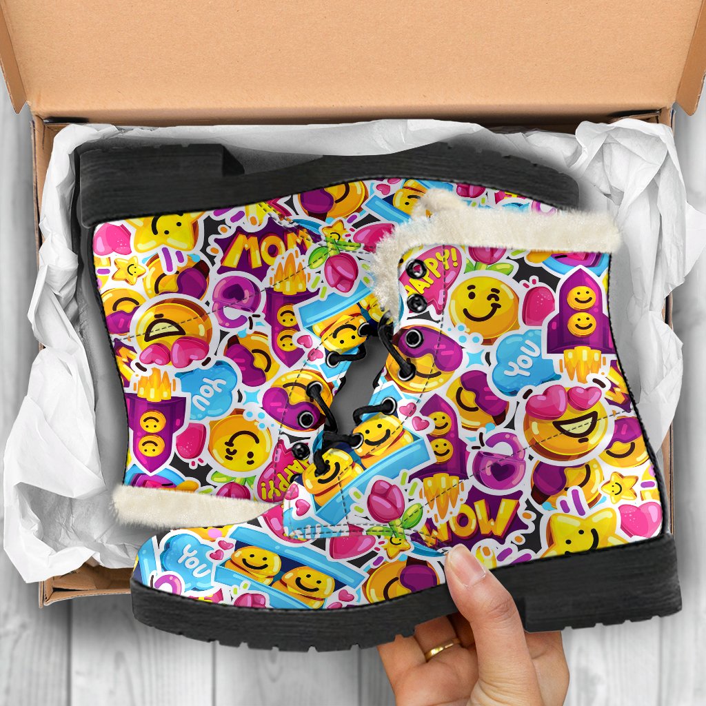 Emoji Sticker Print Pattern Faux Fur Leather Boots-JTAMIGO.COM