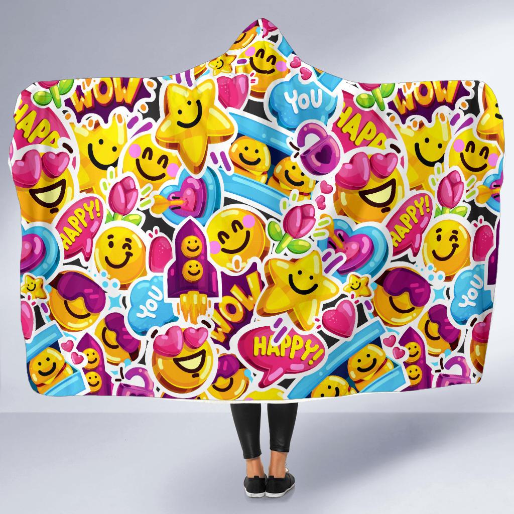 Emoji Sticker Print Pattern Hooded Blanket-JTAMIGO.COM