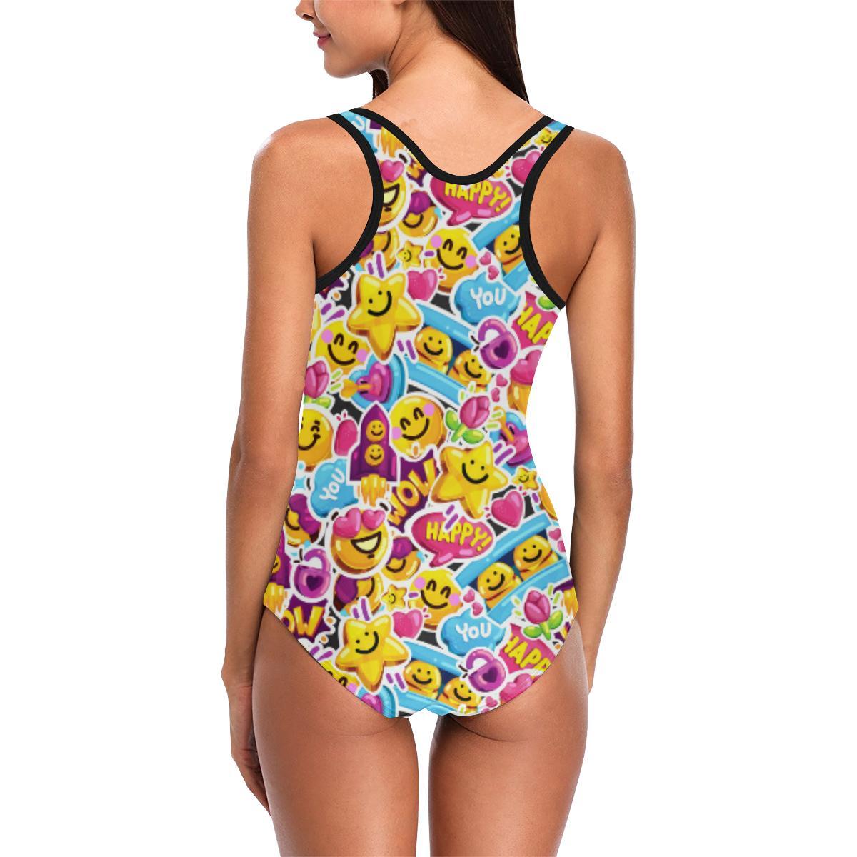 Emoji Sticker Print Pattern One Piece Swimsuit-JTAMIGO.COM