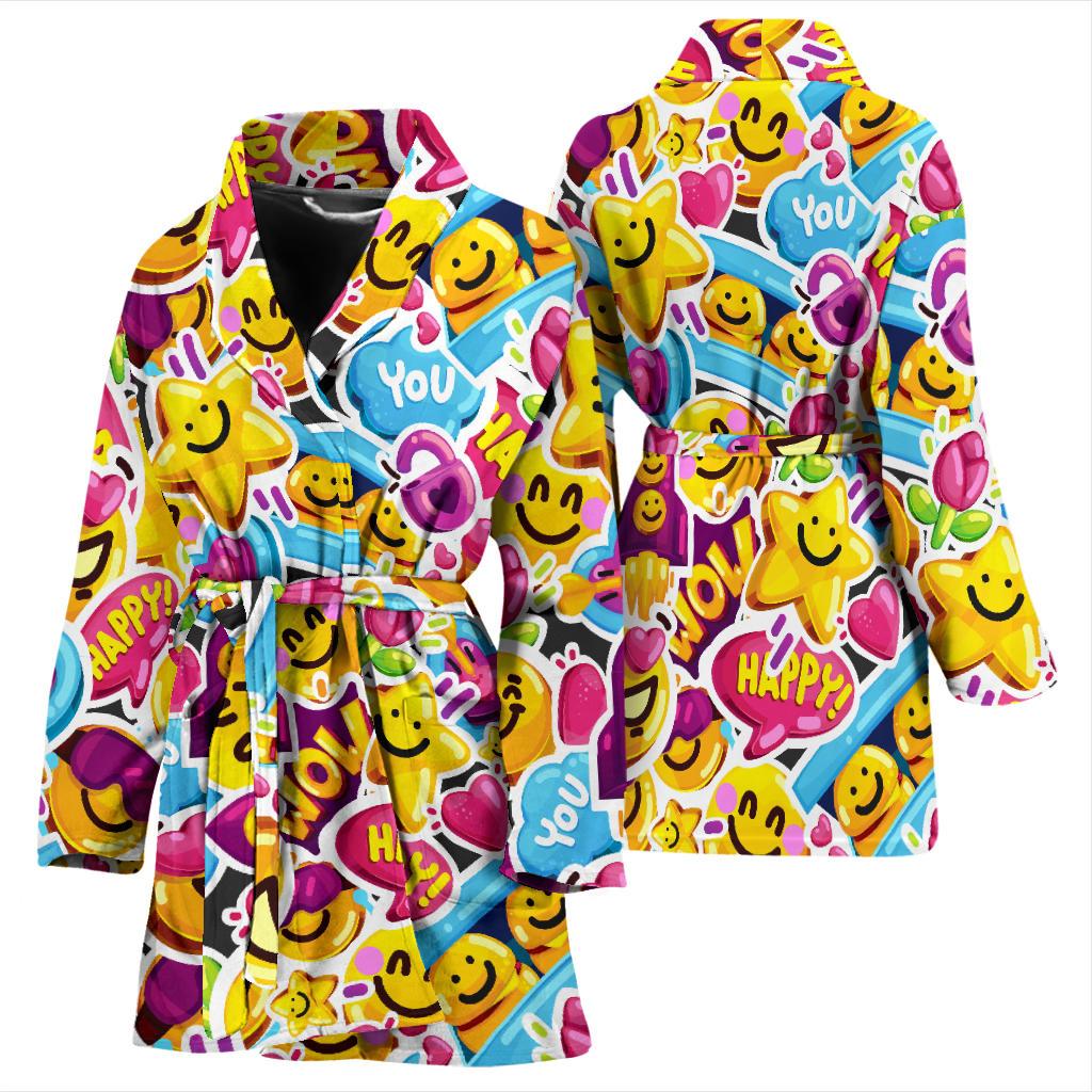 Emoji Sticker Print Pattern Women Bath Robe-JTAMIGO.COM