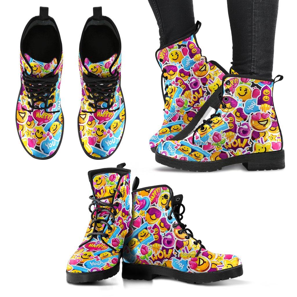 Emoji Sticker Print Pattern Women Leather Boots-JTAMIGO.COM
