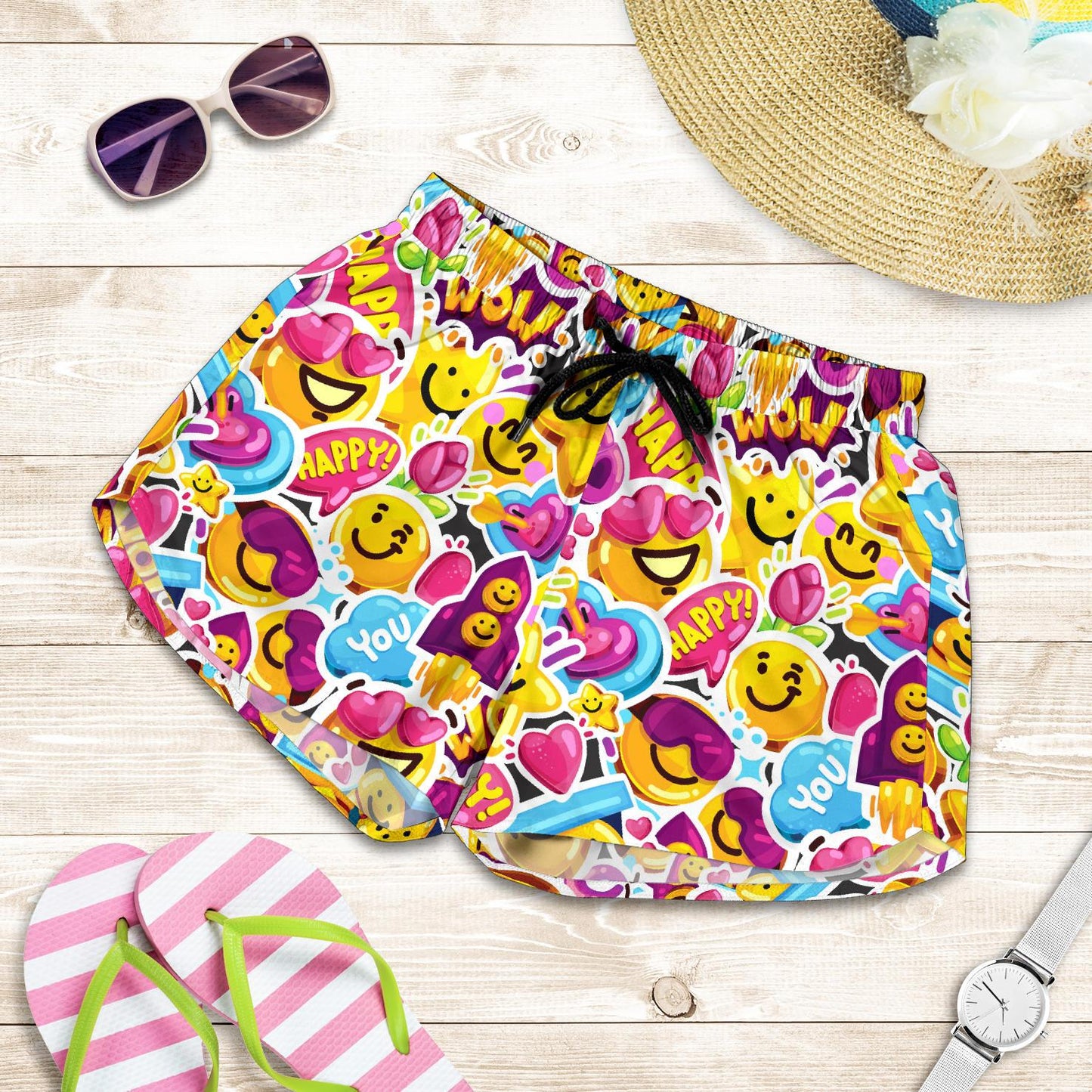 Emoji Sticker Print Pattern Women Shorts-JTAMIGO.COM