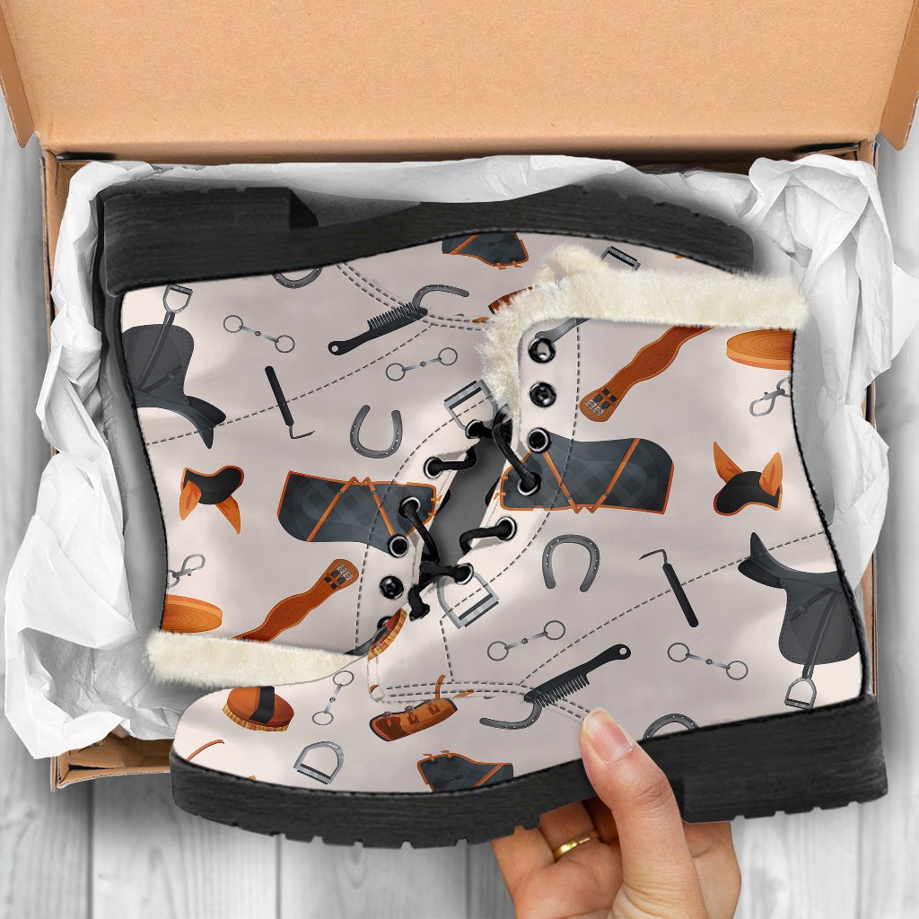 Equestrian Equipment Print Pattern Faux Fur Leather Boots-JTAMIGO.COM