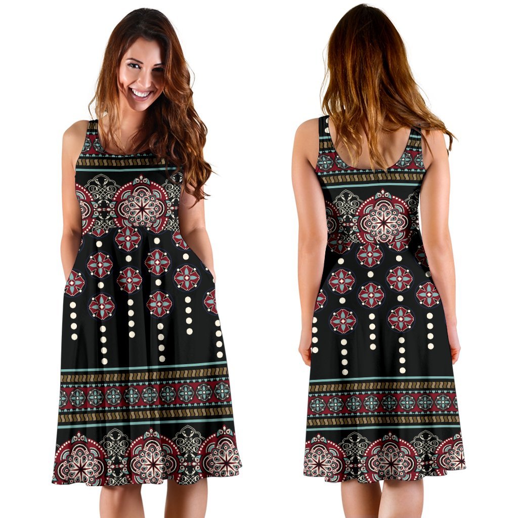 Ethnic Dot Style Print Pattern Sleeveless Dress