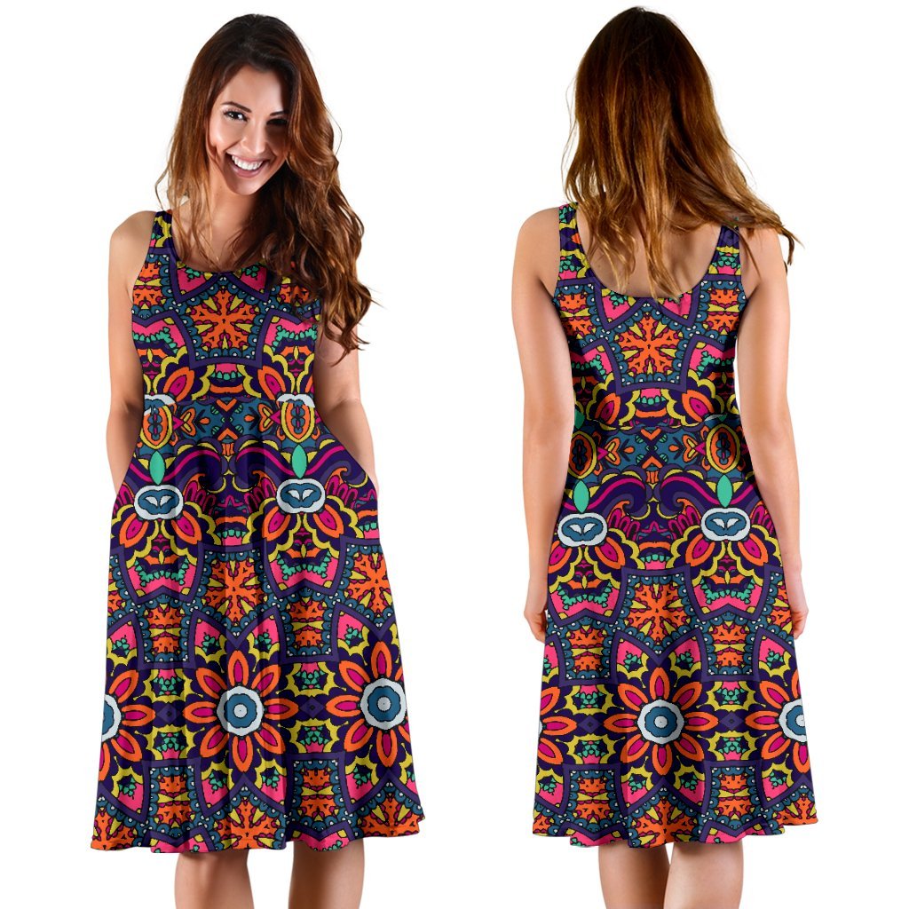Ethnic Flower Style Print Pattern Sleeveless Dress