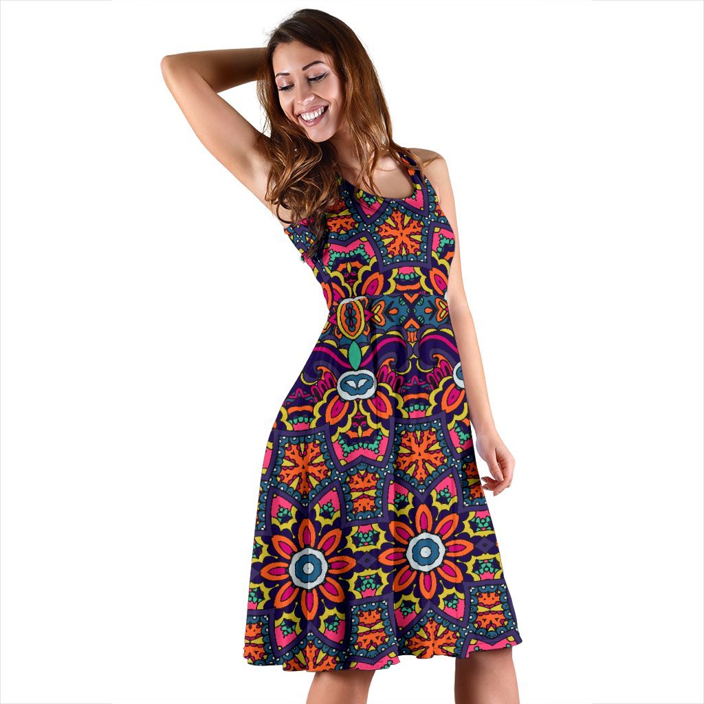 Ethnic Flower Style Print Pattern Sleeveless Dress