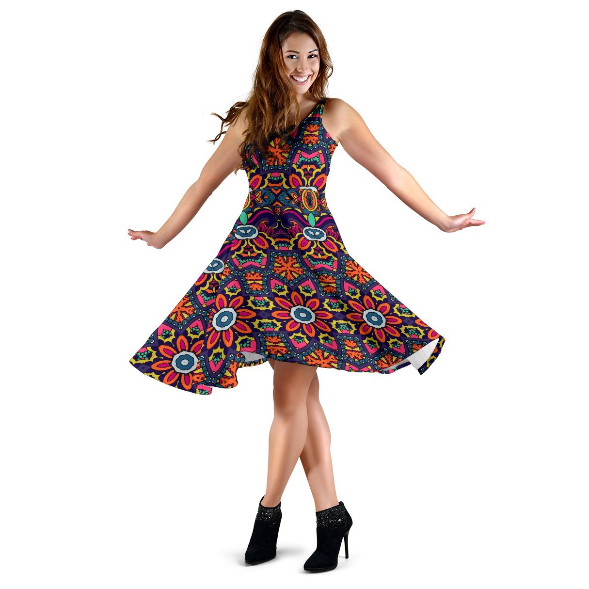 Ethnic Flower Style Print Pattern Sleeveless Dress