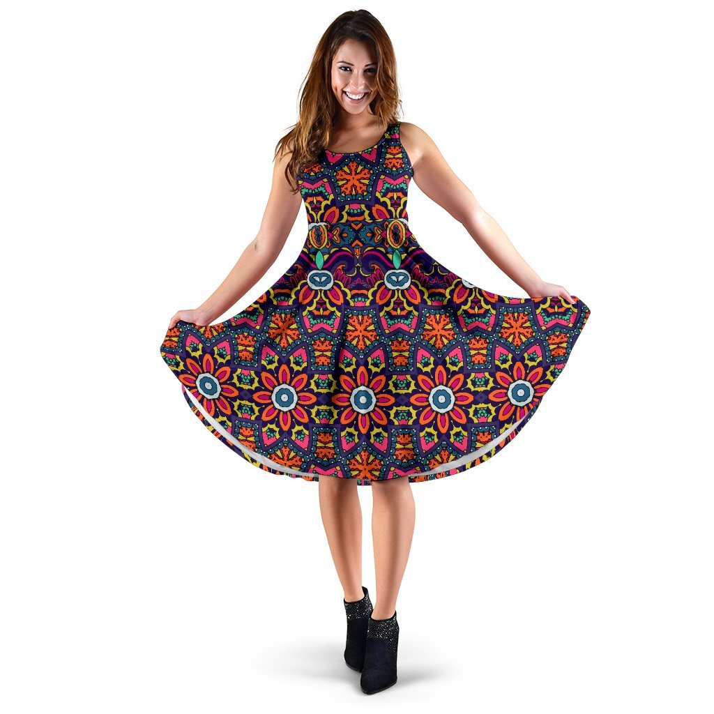 Ethnic Flower Style Print Pattern Sleeveless Dress