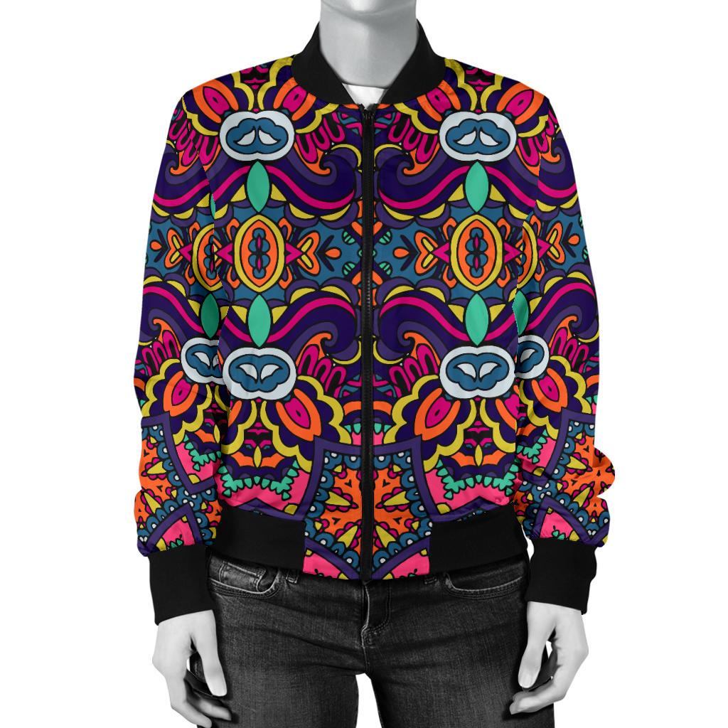 Ethnic Flower Style Print Pattern Women Casual Bomber Jacket