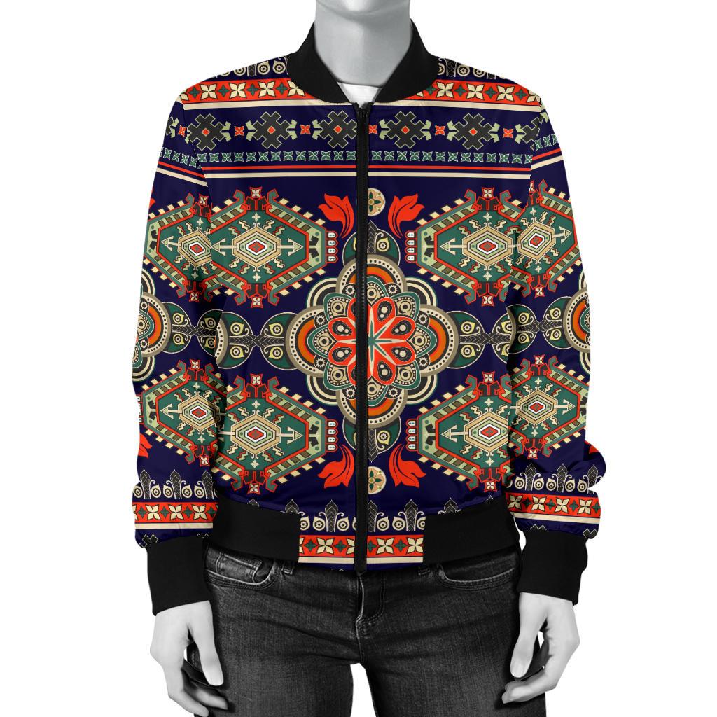 Ethnic Geometric Print Pattern Women Casual Bomber Jacket