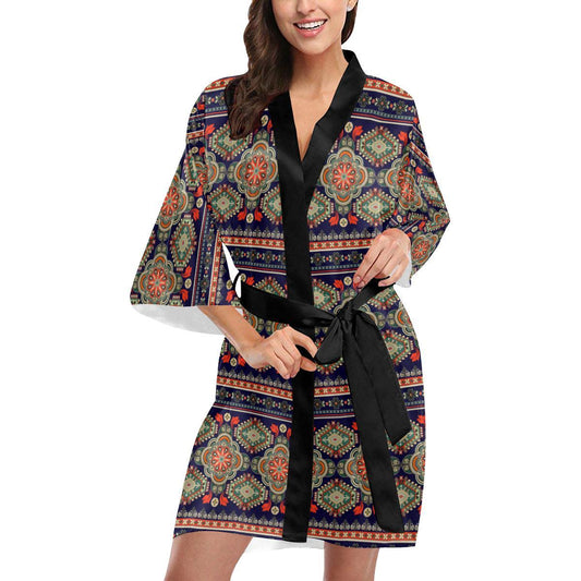 Ethnic Geometric Print Pattern Women Short Kimono Robe