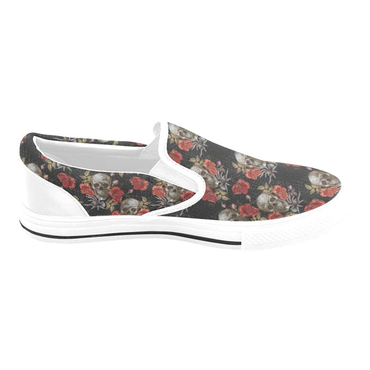 Spider Web Skull Rose Print Design LKS305 White Slip Ons Canvas Women's Shoes