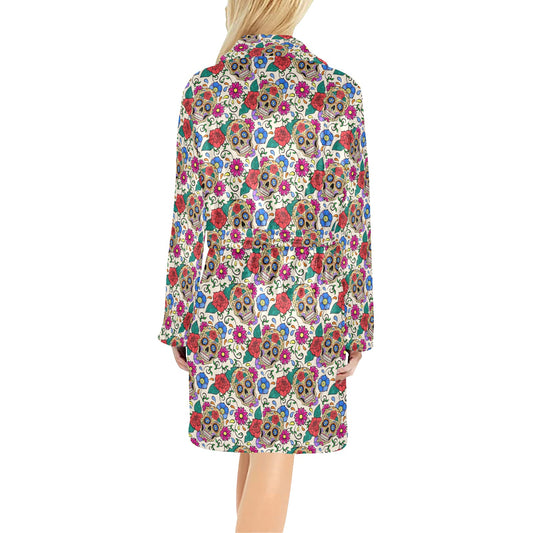 Sugar Skull Colorful Themed Print Women's Fleece Robe
