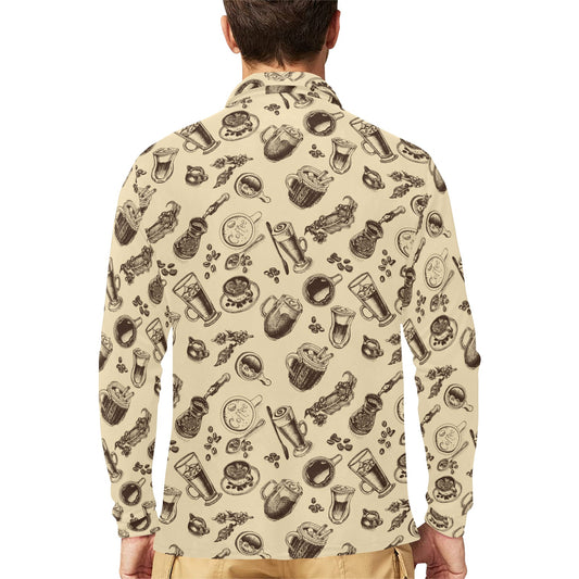 Coffee Pattern Print Design 05 Long Sleeve Polo Shirt For Men's