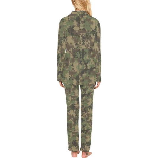Camouflage Aztec Green Army Print Women's Long Pajama Set