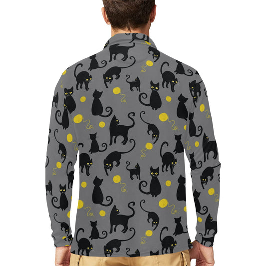 Black Cat Yellow Yarn Print Pattern Long Sleeve Polo Shirt For Men's