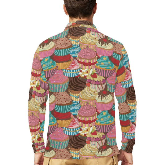 Cupcake Pattern Print Design CP01 Long Sleeve Polo Shirt For Men's