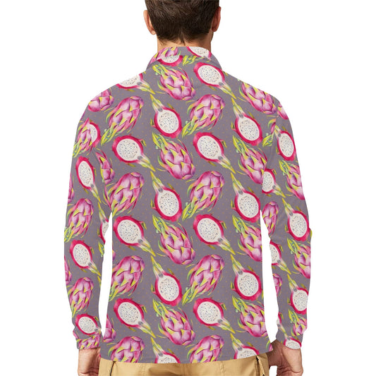 Dragonfruit Pattern Print Design DF03 Long Sleeve Polo Shirt For Men's