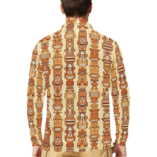 Tiki Orange Vertical Pattern Long Sleeve Polo Shirt For Men's