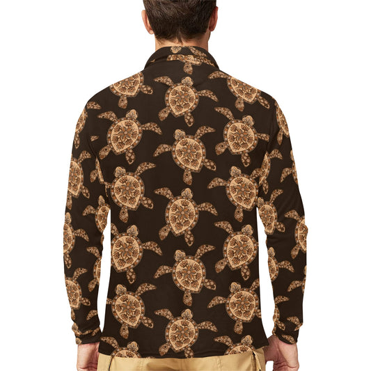 Tribal Sea Turtle Pattern Print Design T09 Long Sleeve Polo Shirt For Men's