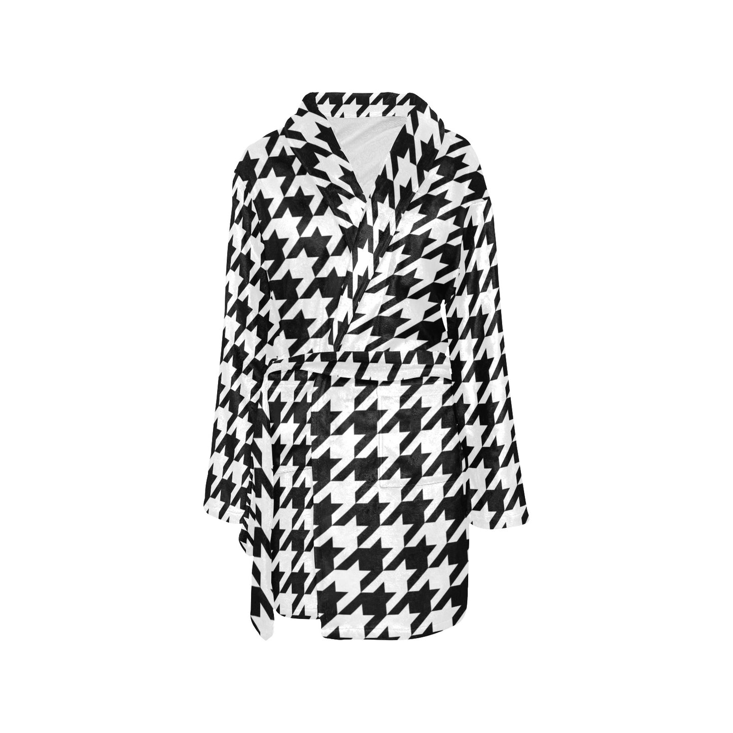 Houndstooth Black White Pattern Print Design 05 Women's Fleece Robe