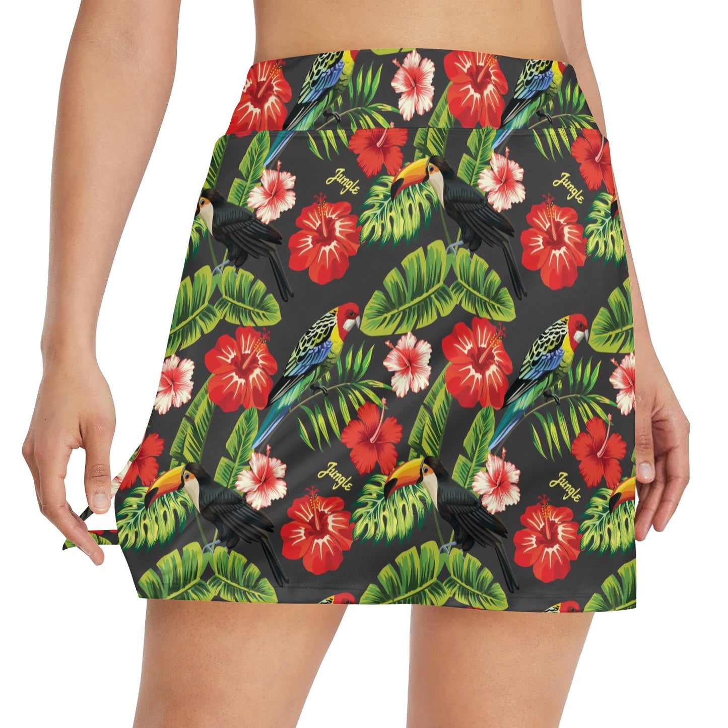 Hibiscus Red With Parrotprint Design LKS303 Women's Golf Skirt with Pocket