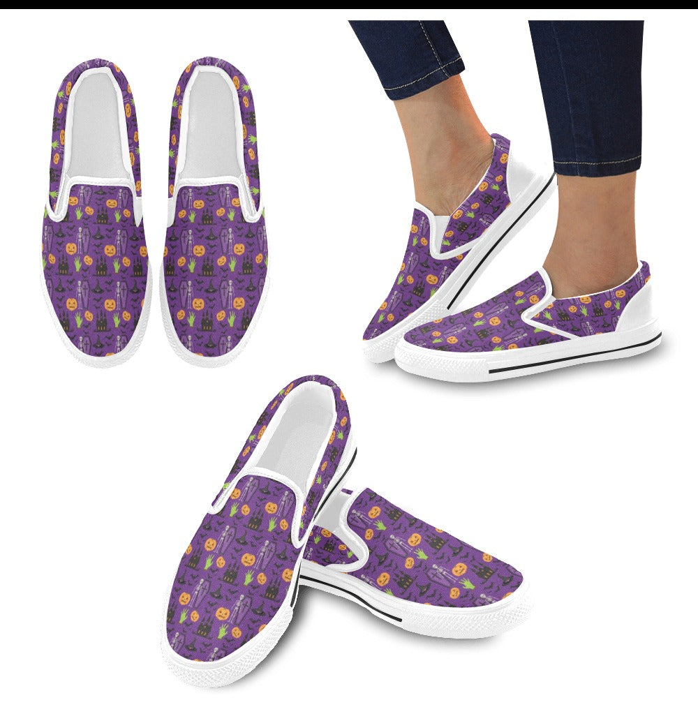 Halloween Print Design LKS403 White Slip Ons Canvas Women's Shoes
