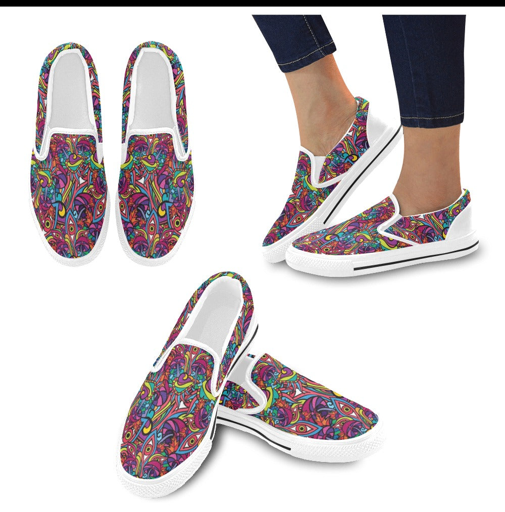 Trippy Print Design LKS302 White Slip Ons Canvas Women's Shoes
