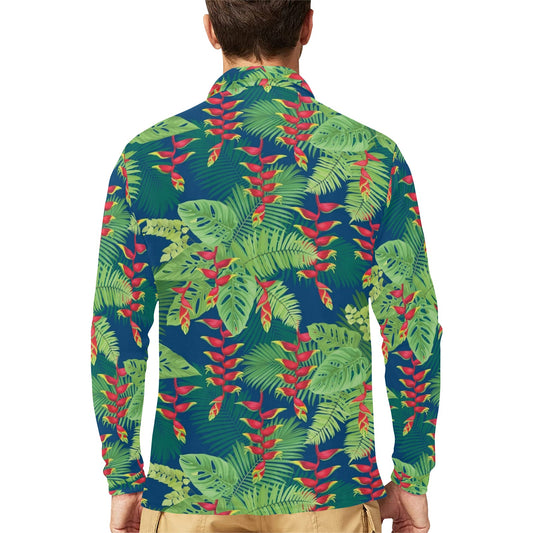 Heliconia Pattern Print Design HL08 Long Sleeve Polo Shirt For Men's