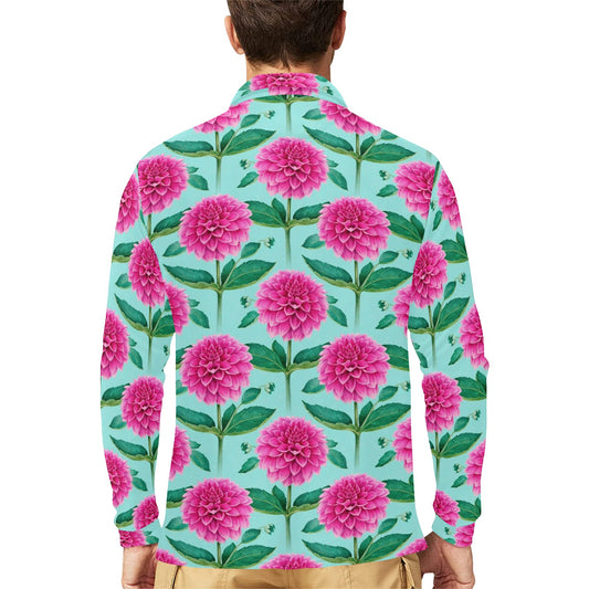 Dahlia Pattern Print Design DH08 Long Sleeve Polo Shirt For Men's