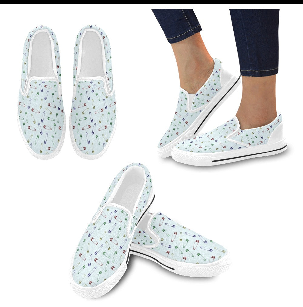 Safety Pin Print Design LKS303 White Slip Ons Canvas Women's Shoes