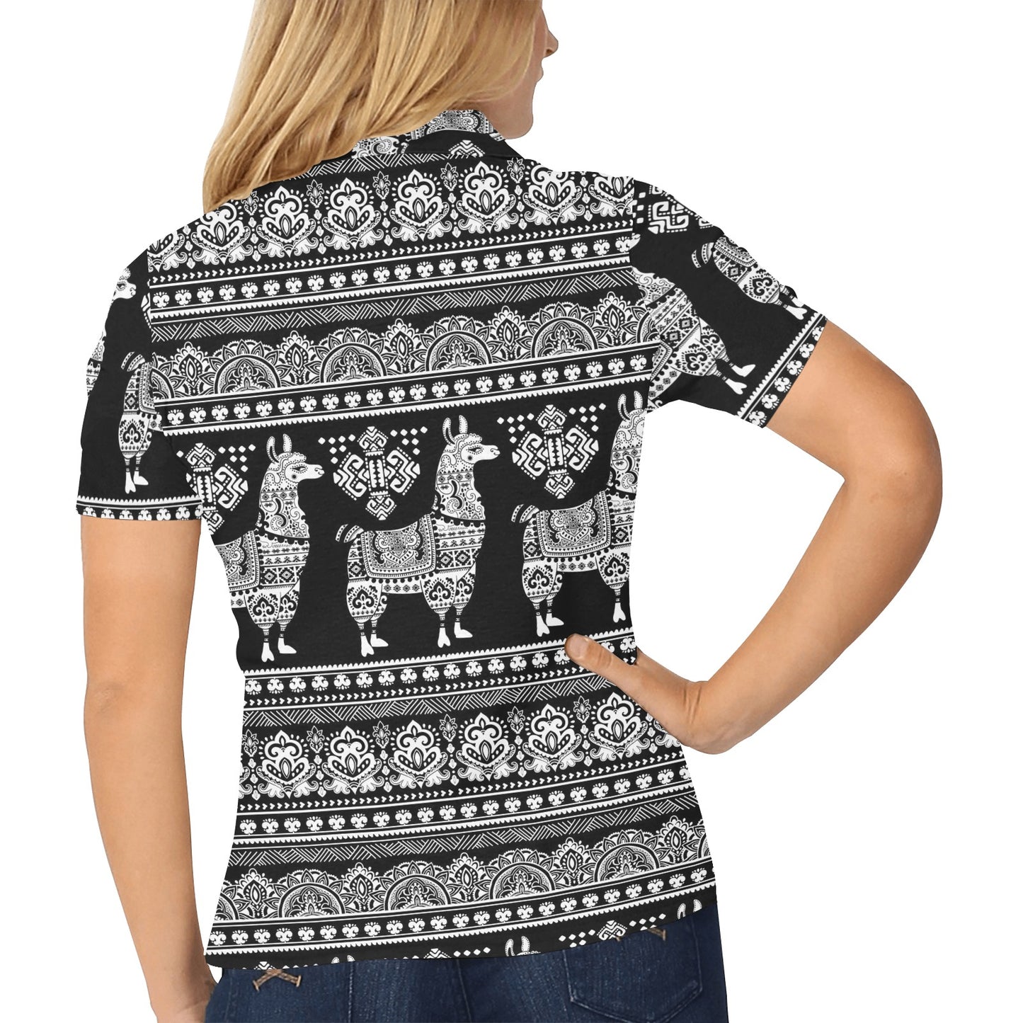 Llama Aztec Style Pattern Print Design 01 Women's Polo Shirt