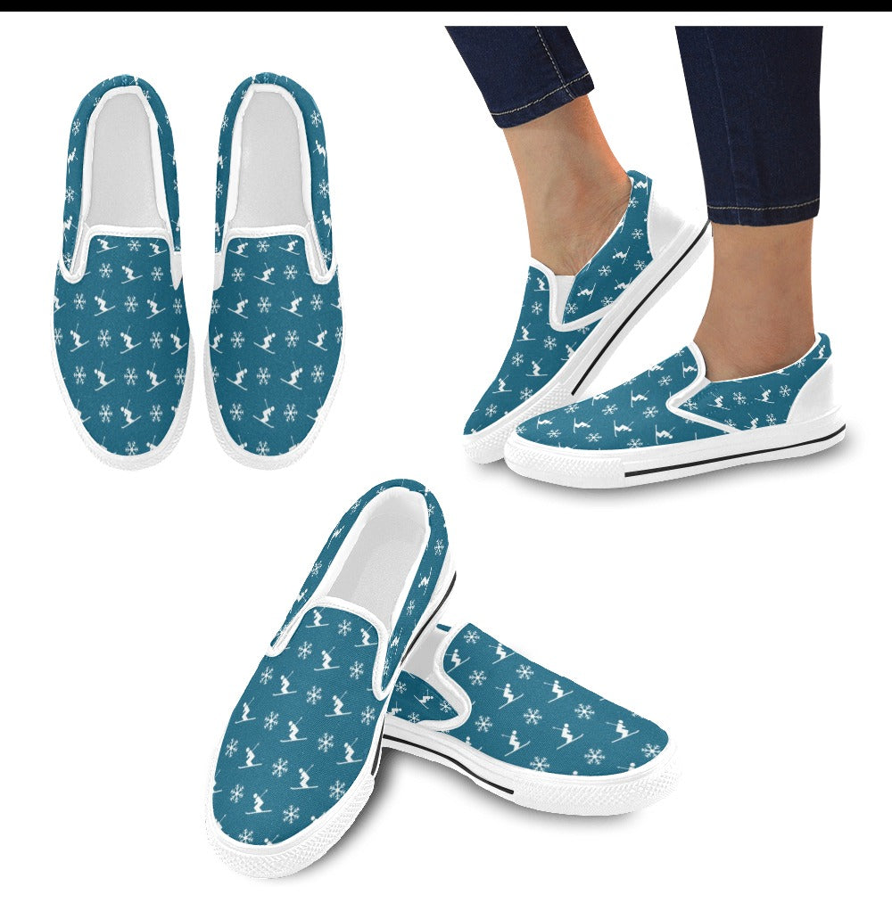 Ski Print Design LKS301 White Slip Ons Canvas Women's Shoes