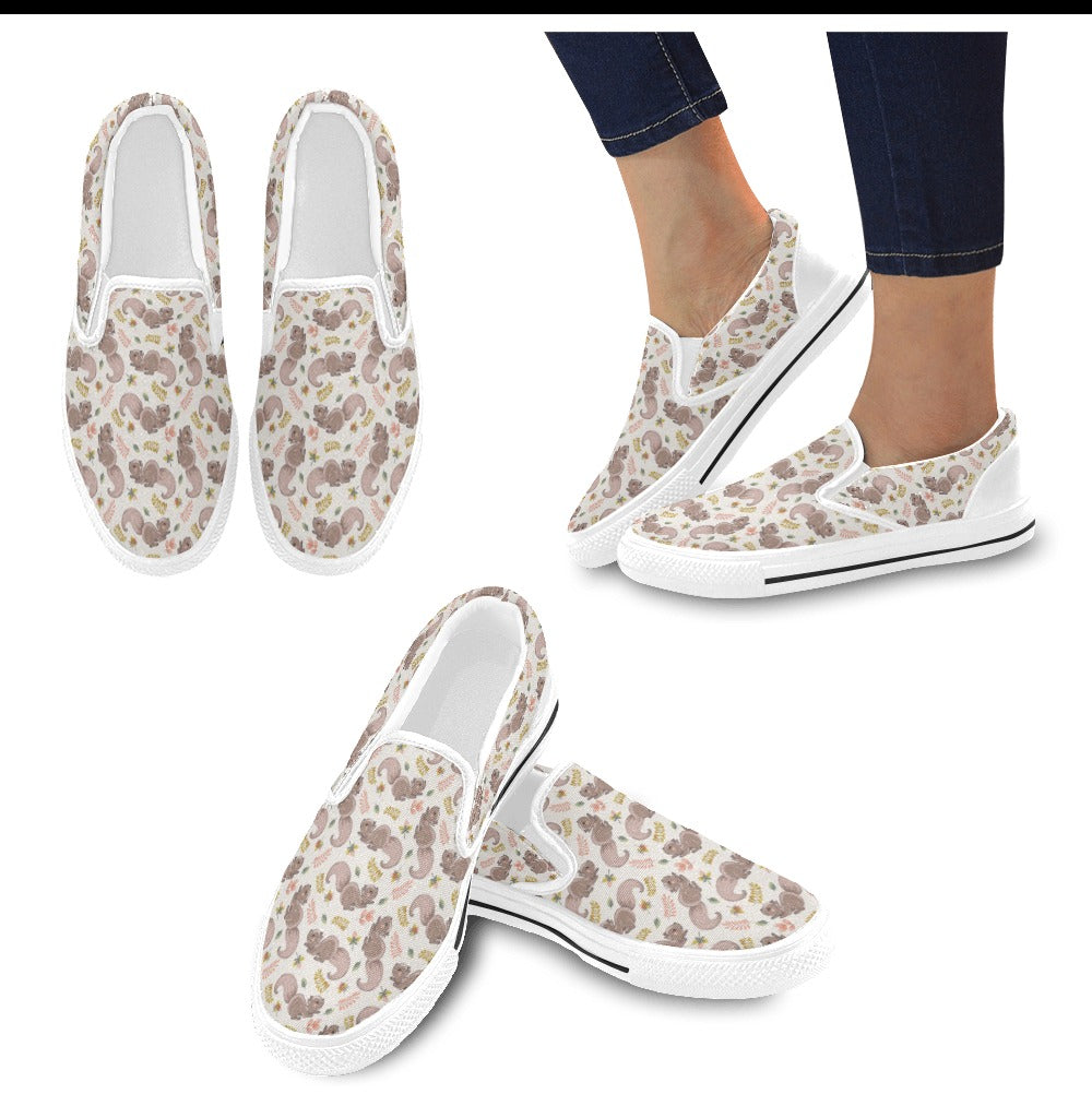 Squirrel Print Design LKS307 White Slip Ons Canvas Women's Shoes