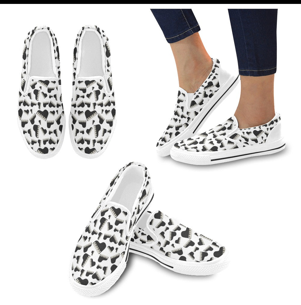 Piano Print Design LKS405 White Slip Ons Canvas Women's Shoes
