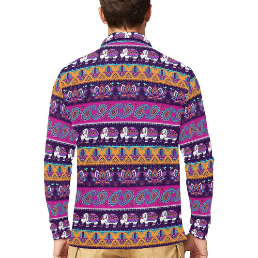 Boho Indian Style Pattern Long Sleeve Polo Shirt For Men's