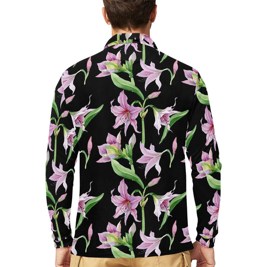 Amaryllis Pattern Print Design AL08 Long Sleeve Polo Shirt For Men's