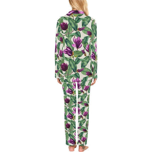 Magnolia Pattern Print Design MAG07 Women's Long Pajama Set
