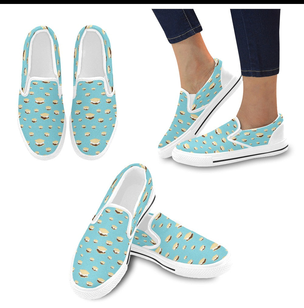 S_Mores Print Design LKS302 White Slip Ons Canvas Women's Shoes