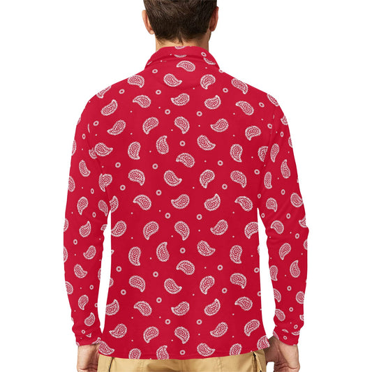 Bandana Red Paisley Print Design LKS305 Long Sleeve Polo Shirt For Men's