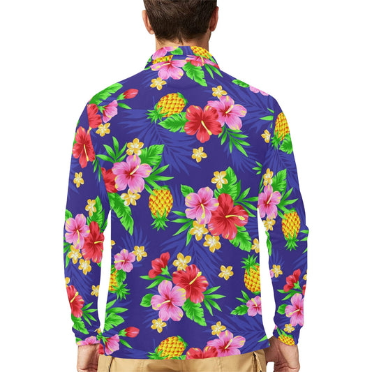 Hawaiian Themed Pattern Print Design H05 Long Sleeve Polo Shirt For Men's
