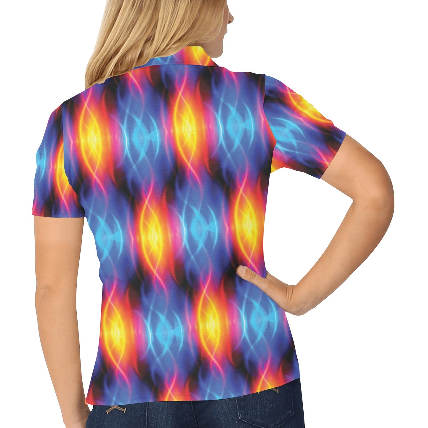 Flame Fire Blue Design Print Women's Polo Shirt