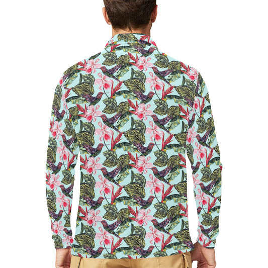 Hummingbird Cute Themed Print Long Sleeve Polo Shirt For Men's