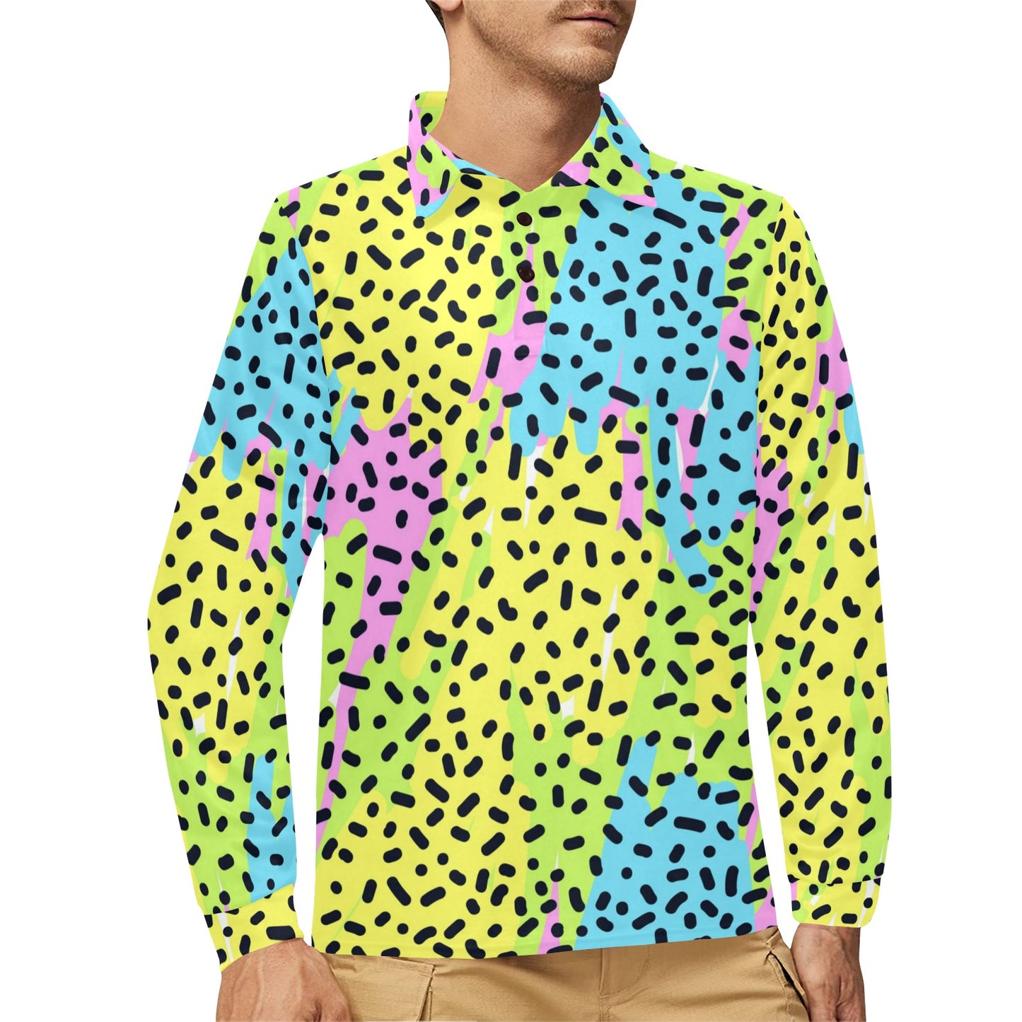 90s Pattern Print Design 2 Long Sleeve Polo Shirt For Men's
